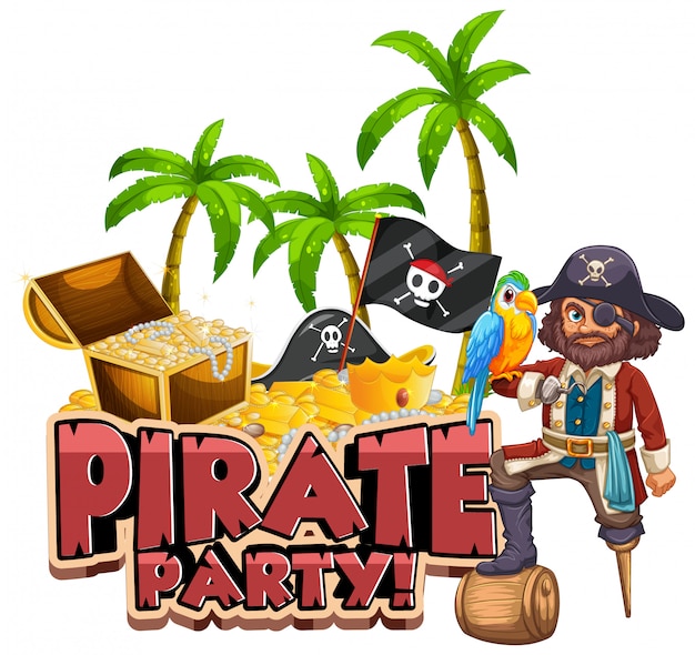 Free vector font design for word pirate party with pirate and treasure hunt