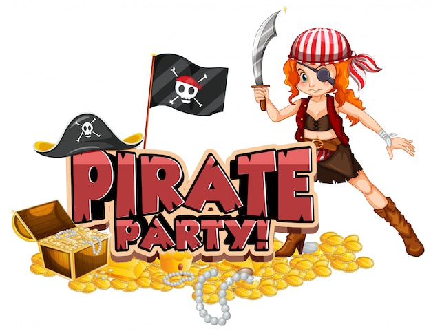 Font design for word pirate party with pirate and treasure