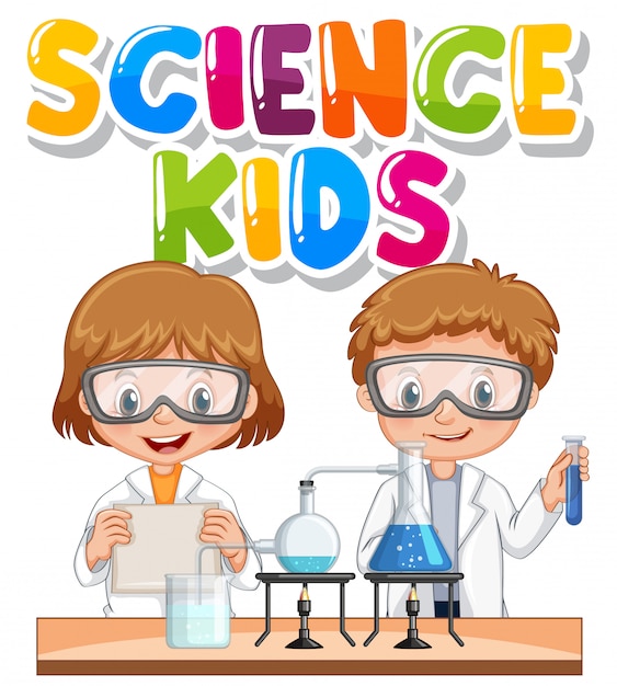 Free vector font design for word science kids with children in science lab