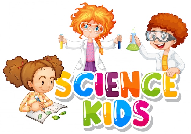 Vettore gratuito progettazione di caratteri per bambini di scienze delle parole con tre studenti che lavorano