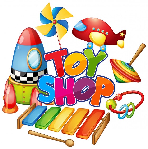 Дизайн шрифта для магазина слов игрушек со многими игрушками на белом фоне