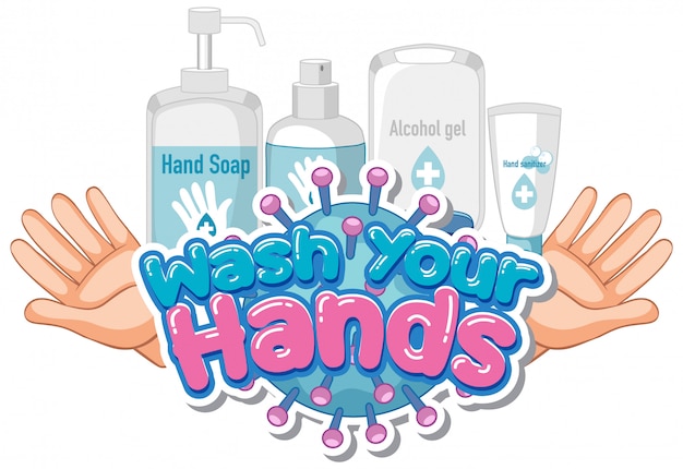 Free vector font design for word wash your hands with soap and clean hands