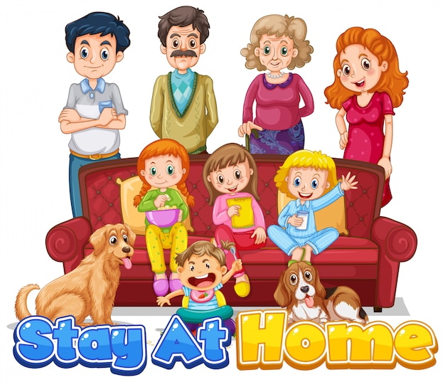Free vector font design for words stay at home with happy family members