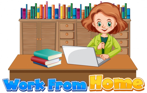 Free vector font design for work from home with woman working on computer