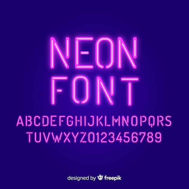 Font with alphabet in neon style