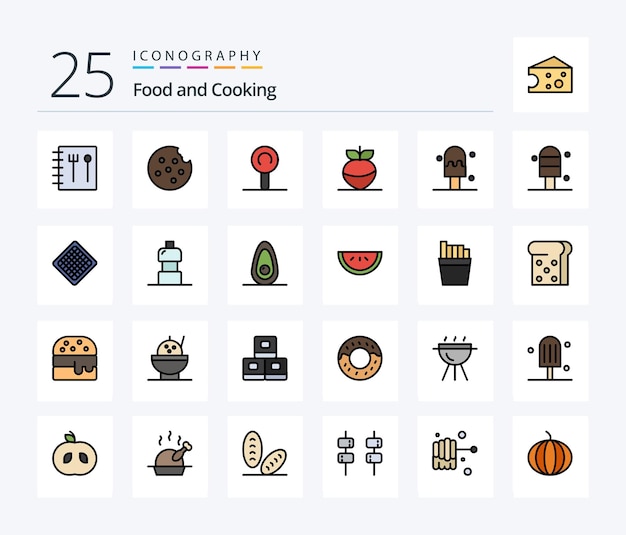 Free vector food 25 line filled icon pack including food water vegetable waffle food