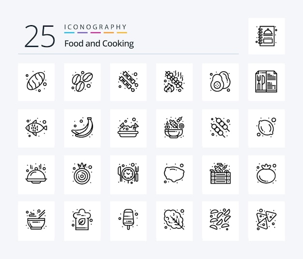 Free vector food 25 line icon pack including food pear kebab fruit party