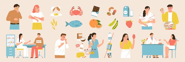 Free vector food allergy color icon set vector different kinds and types of allergens and consequences of eating allergic foods and drinks illustration