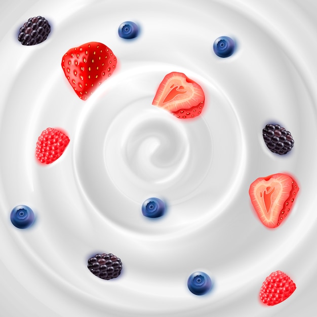 Food background representing light natural  yogurt cream with strawberries blackberries and blueberries realistic illustration