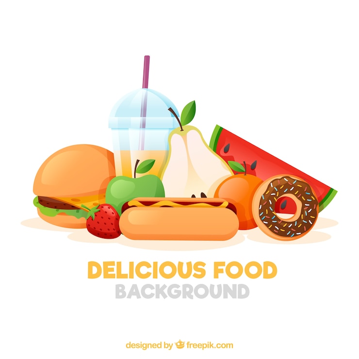 मुफ़्त वेक्टर food background with fruits and fast food