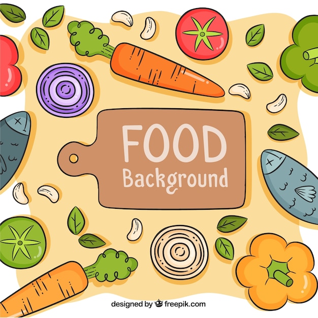 Food background with vegetables and fish