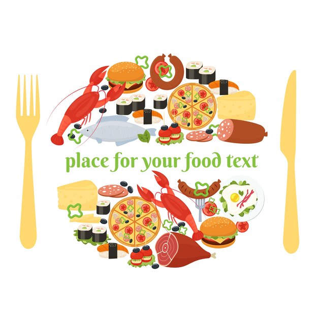 Food badge concept of a place setting with the food icons arranged in a circle as though on a plate with a knife and fork on either side and central copyspace for text