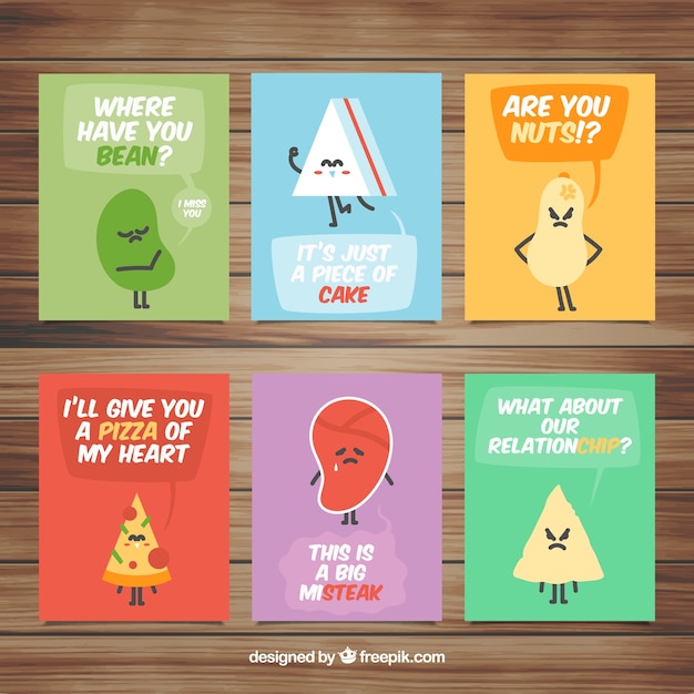 Free vector food cards collection with cute cartoons