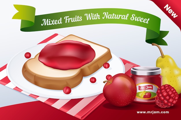 Free vector food commercial with mixed fruits and toast