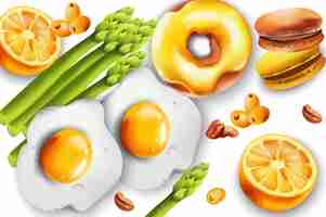 Free vector food composition with fried eggs, asparagus, donut, macarons, lemons, coffee beans and pyracantha berries