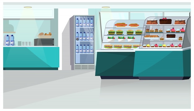 Free vector food counter in confectionery store illustration