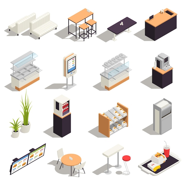 Free vector food court colored isometric icon set