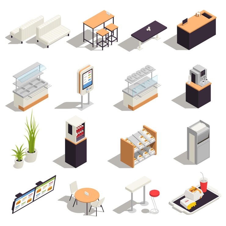 Free Vector food court colored isometric icon set
