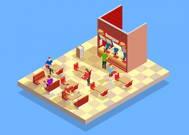 Food court counter area isometric composition