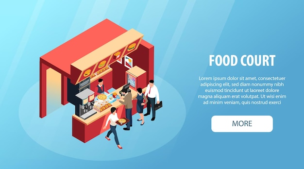 무료 벡터 피자 와 햄버거 를 구입 하는 사람 들 이 있는 식품 코트 수평 파란색 배경 웹사이트 배너 터 일러스트레이션