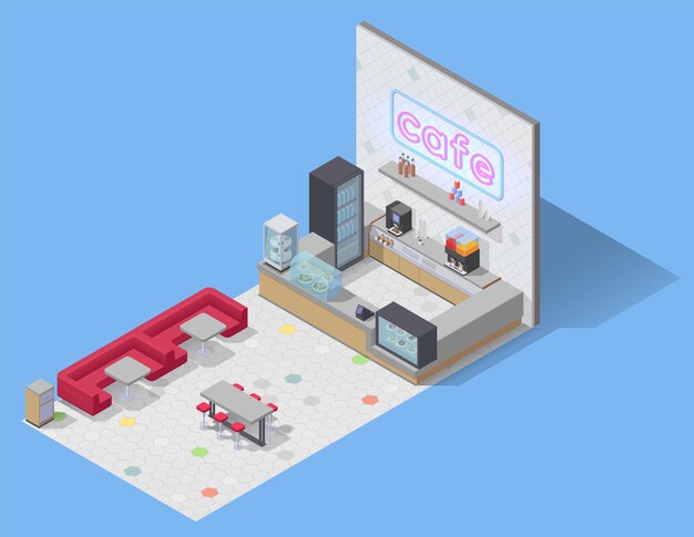 Food court isometric composition with view of empty cafe with sofa seats tables and bar counter