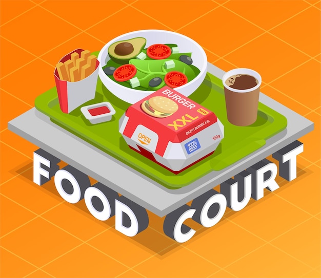 Vettore gratuito illustrazione isometrica della food court con piatto da portata in piedi sul testo 3d con pasto e bevande confezionati