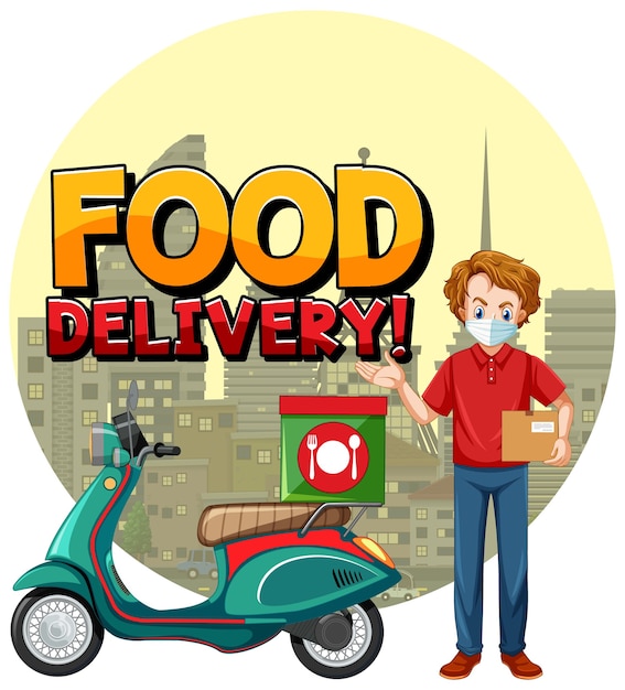 Vettore gratuito illustrazione di consegna del cibo con uomo in bicicletta o corriere