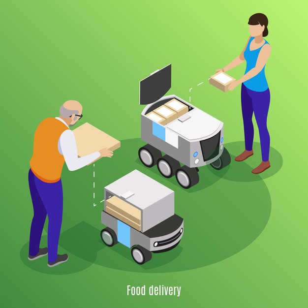 Доставка еды изометрический фон с людьми, загружающими коробки с пиццей и суши в самодвижущийся роботизированный автомобиль иллюстрации Бесплатные векторы