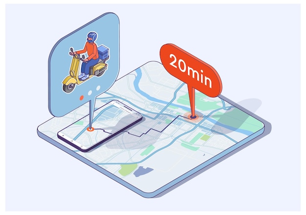Illustrazione vettoriale isometrica della consegna del cibo corriere in bicicletta sulla mappa stradale della città servizio online
