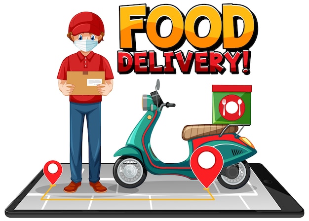 Logo di consegna cibo con uomo in bicicletta o corriere