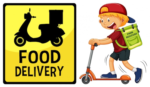 Бесплатное векторное изображение Логотип доставки еды с курьером или курьером на скутере
