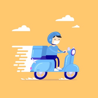 Food delivery man riding a blue scooter courier in respiratory mask