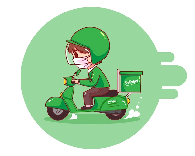 Vettore gratuito uomo di consegna cibo in sella a motociclette, illustrazione di arte del fumetto
