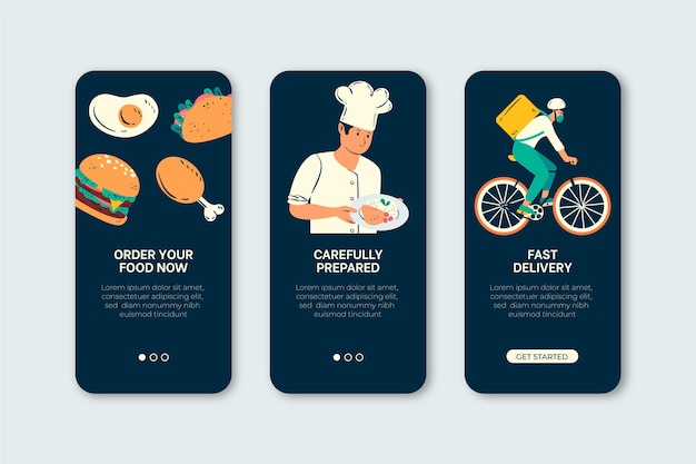 Vettore gratuito schermi onboarding di consegna del cibo