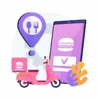 Бесплатное векторное изображение Иллюстрация абстрактной концепции службы доставки еды. заказ еды онлайн, услуга 24/7, онлайн-меню пиццы и суши, варианты оплаты, бесконтактная доставка, загрузка приложения