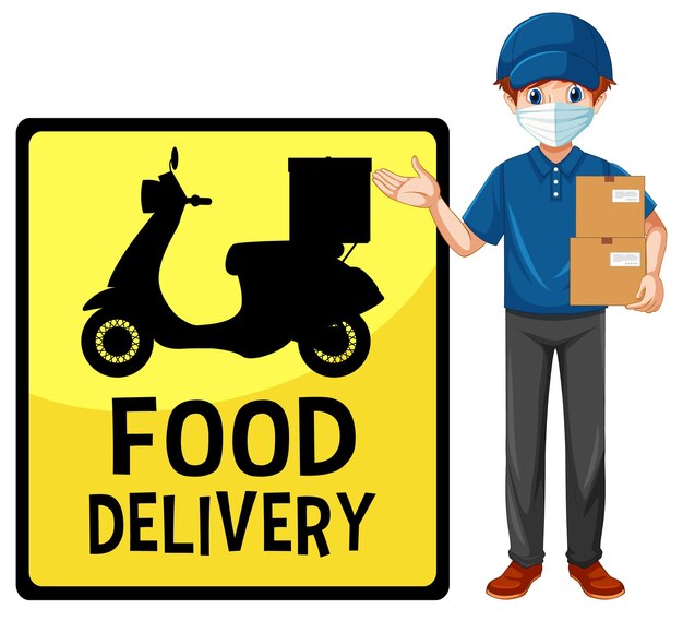 Food delivery sign with delivery man wearing mask