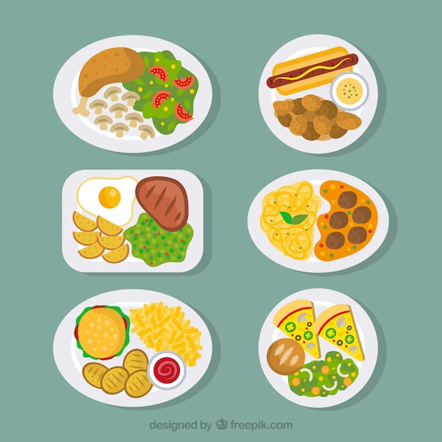Бесплатное векторное изображение Коллекция блюд из блюд в виде сверху