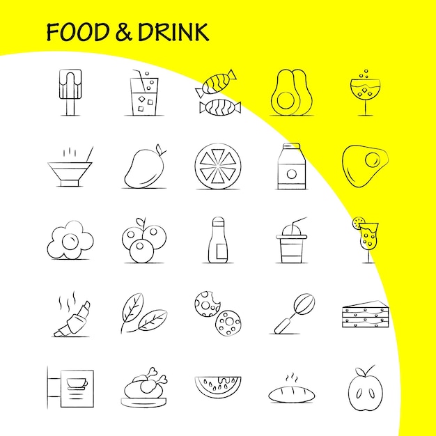 Free vector food and drink hand drawn icons set for infographics mobile uxui kit and print design include cocktail glass goblet glass wine drink baking croissant icon set vector