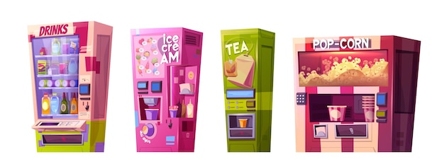 Vettore gratuito distributori automatici di cibo e bevande isolati su sfondo bianco illustrazione vettoriale di cartoni animati di distributori automatici di slot per la vendita di bevande, gelati, tè, popcorn, bottiglie e bicchieri di carta sugli scaffali