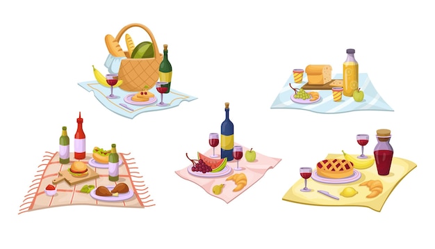 식탁보 만화 삽화 세트에서 여름 피크닉을 위한 음식. 와인 한 병, 디저트, 스낵, 알코올 음료, 빵, 버거, 치즈 샌드위치, 테이블 커버에 서빙되는 수박. 식사 개념
