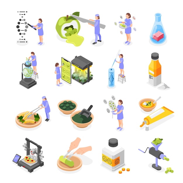 Free vector food of future isometric icons set of smart farming genetically modified products 3d printer artificial meat in tube isolated vector illustration