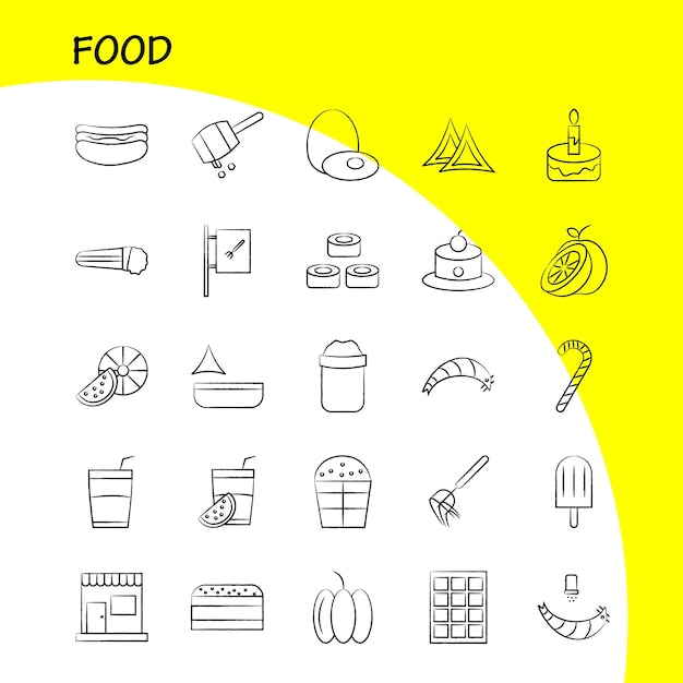 無料ベクター インフォ グラフィック モバイル uxui キットと印刷デザインの食品手描きアイコン セットには、シェフ ハット ハット キッチン料理スライス ピース フード コレクション モダンなインフォ グラフィック ロゴとピクトグラム ベクトルが含まれます
