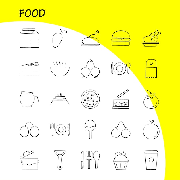 Free vector food hand drawn icons set for infographics mobile uxui kit and print design include spice chili hot pepper cake sweet food meal collection modern infographic logo and pictogram vector