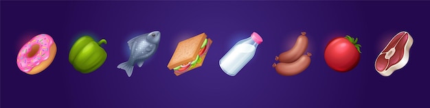 Бесплатное векторное изображение Пищевые иконы рыба мясо молоко в бутылке сэндвич с овощами пончик помидор колбаса и перец векторный мультфильм набор пищевых символов для меню кухни или рынка