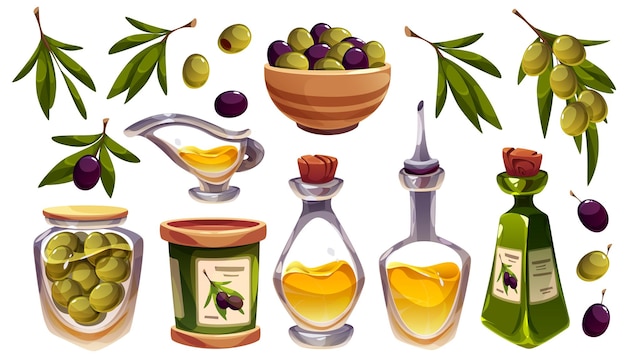 Food icons with olive oil in bottles and leaves