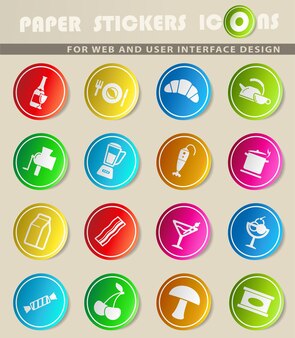 Food and kitchen vector icons on colored paper stickers