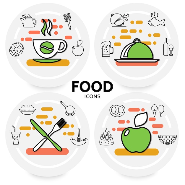 Food line icons concept with coffee beer wine fish chicken apple soda burger sausage pretzel cake