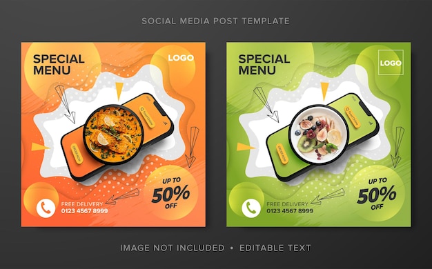 Food online promotion with mobile concept square banner template for social media post