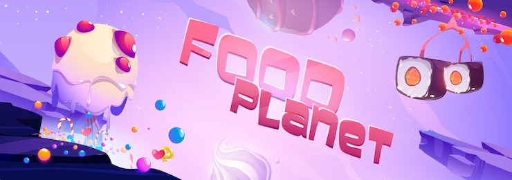 Free Vector food planet poster with fantasy landscape with sushi and candy