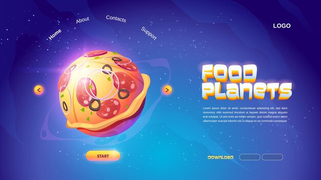 Food planets cartoon landing page with pizza sphere in outer space